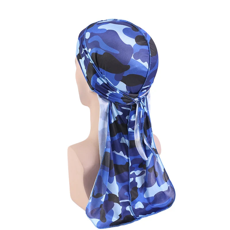 Fashion Camouflage Printed Long Tail Pirate Hat Silky Satin Durags Bandana Men's Silky Durags Turban Hat Adjustable Headwrap