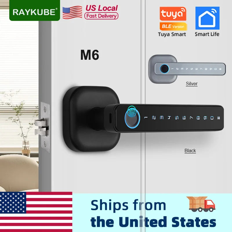 RAYKUBE M6 Tuya BLE Bedroom Digital Electronic Lock Fingerprint Door Lock with Password/Key/IC Card/ Tuya APP Unlock From USA