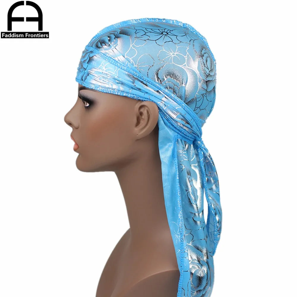 Custom Men's Print Silky Durags Turban Hat Bandanas Headwear Rose Printed Men Silk Durag Long Straps Waves Hair Accessories
