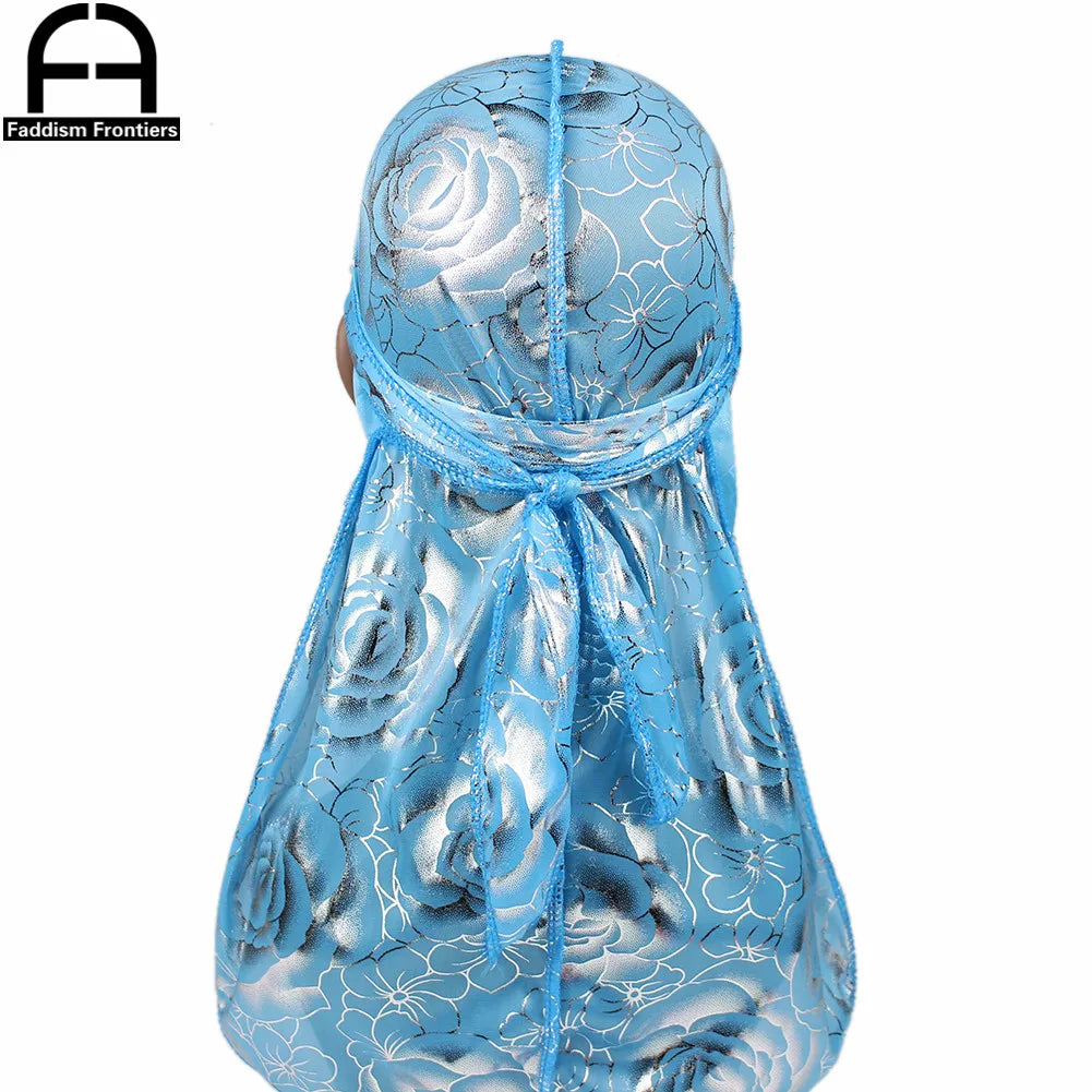 Custom Men's Print Silky Durags Turban Hat Bandanas Headwear Rose Printed Men Silk Durag Long Straps Waves Hair Accessories