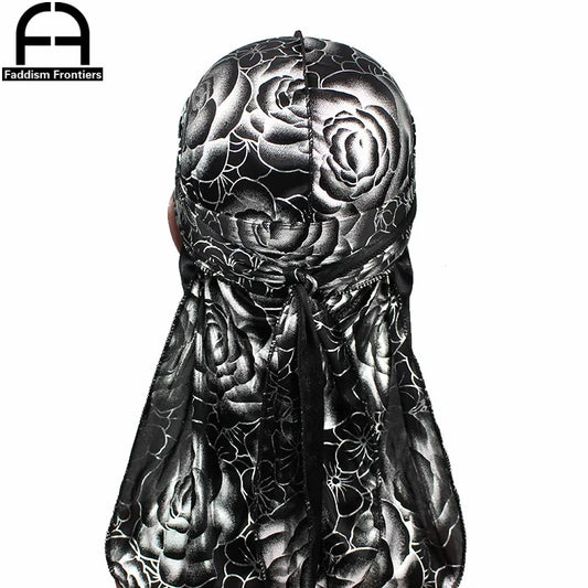 Custom Men's Print Silky Durags Turban Hat Bandanas Headwear Rose Printed Men Silk Durag Long Straps Waves Hair Accessories