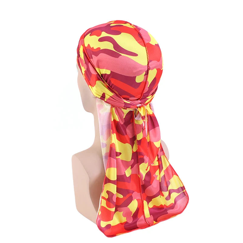 Fashion Camouflage Printed Long Tail Pirate Hat Silky Satin Durags Bandana Men's Silky Durags Turban Hat Adjustable Headwrap