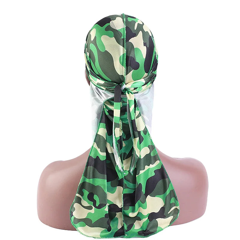 Fashion Camouflage Printed Long Tail Pirate Hat Silky Satin Durags Bandana Men's Silky Durags Turban Hat Adjustable Headwrap