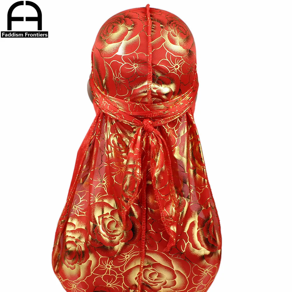 Custom Men's Print Silky Durags Turban Hat Bandanas Headwear Rose Printed Men Silk Durag Long Straps Waves Hair Accessories