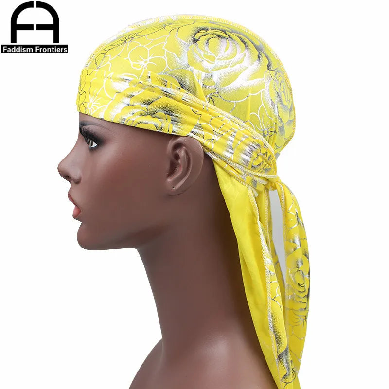 Custom Men's Print Silky Durags Turban Hat Bandanas Headwear Rose Printed Men Silk Durag Long Straps Waves Hair Accessories