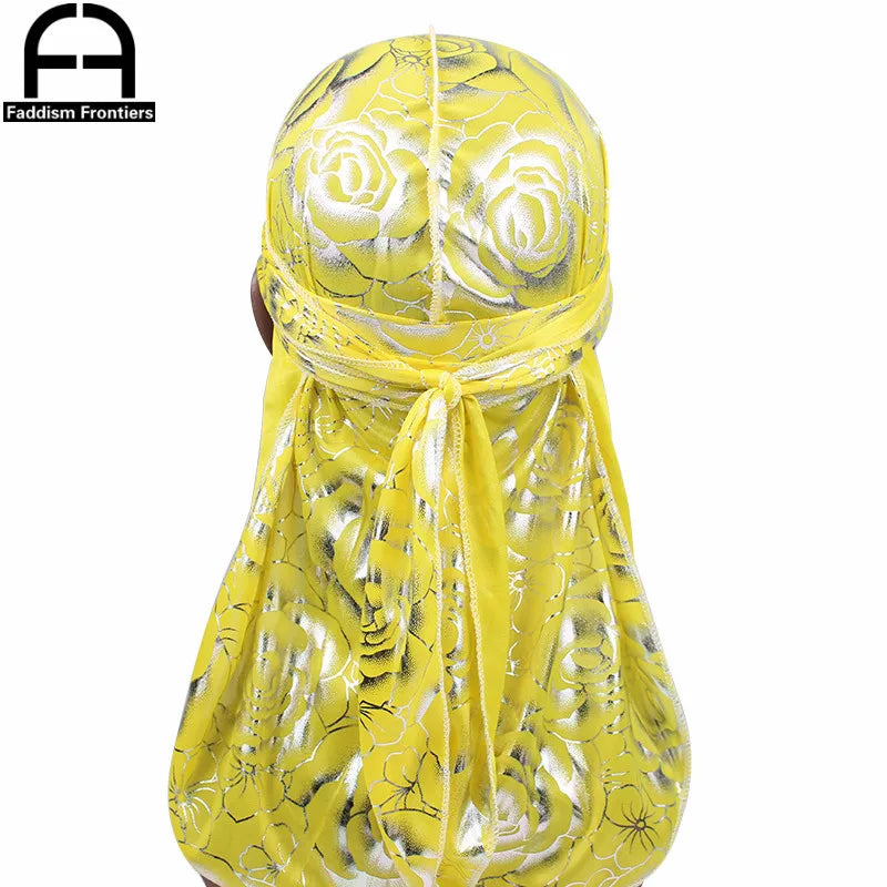 Custom Men's Print Silky Durags Turban Hat Bandanas Headwear Rose Printed Men Silk Durag Long Straps Waves Hair Accessories