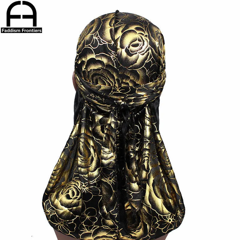 Custom Men's Print Silky Durags Turban Hat Bandanas Headwear Rose Printed Men Silk Durag Long Straps Waves Hair Accessories