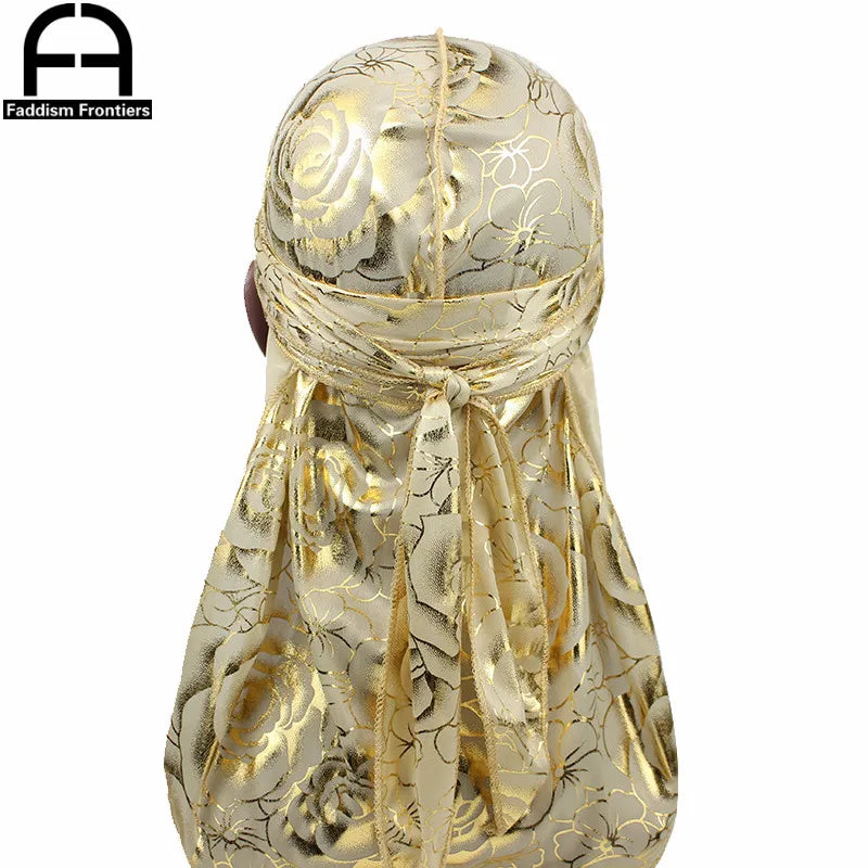 Custom Men's Print Silky Durags Turban Hat Bandanas Headwear Rose Printed Men Silk Durag Long Straps Waves Hair Accessories
