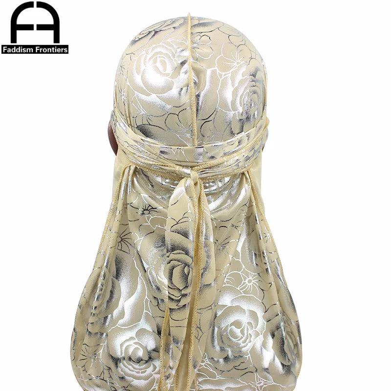 Custom Men's Print Silky Durags Turban Hat Bandanas Headwear Rose Printed Men Silk Durag Long Straps Waves Hair Accessories