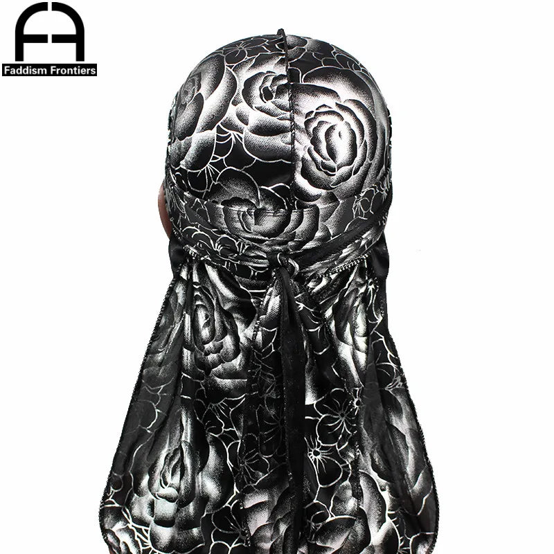 Custom Men's Print Silky Durags Turban Hat Bandanas Headwear Rose Printed Men Silk Durag Long Straps Waves Hair Accessories