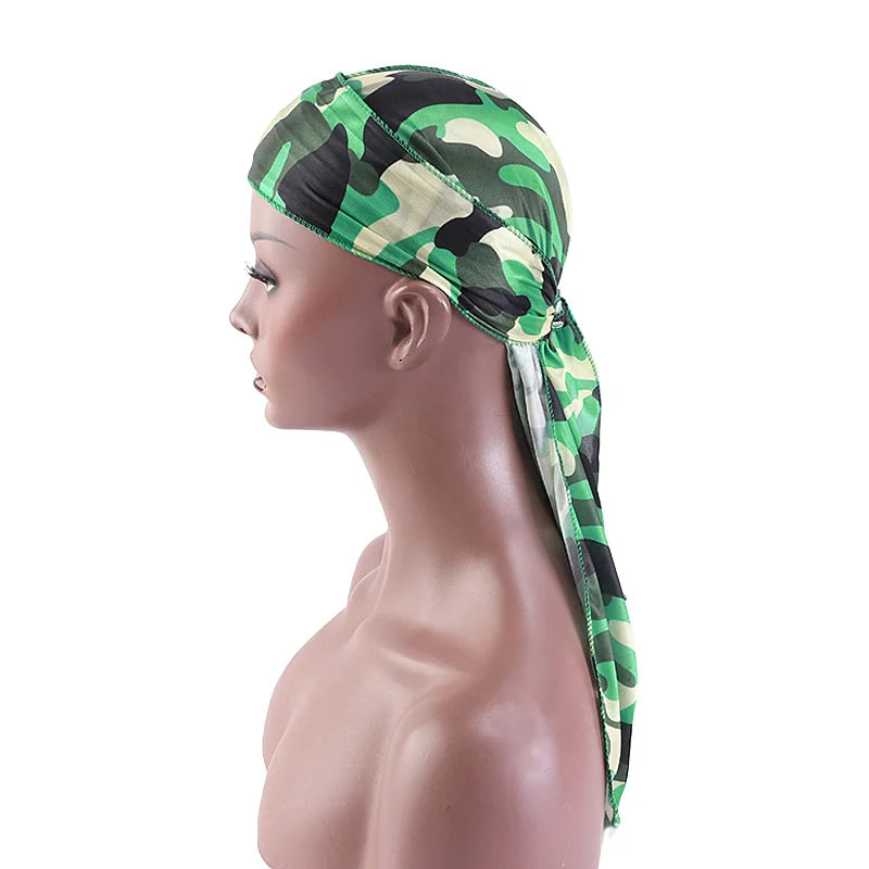 Fashion Camouflage Printed Long Tail Pirate Hat Silky Satin Durags Bandana Men's Silky Durags Turban Hat Adjustable Headwrap