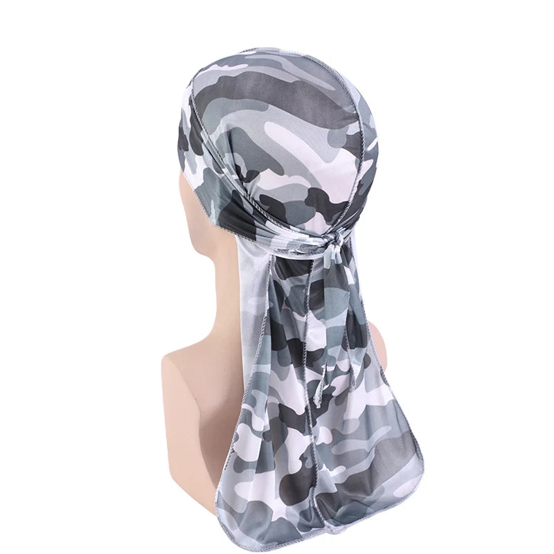 Fashion Camouflage Printed Long Tail Pirate Hat Silky Satin Durags Bandana Men's Silky Durags Turban Hat Adjustable Headwrap