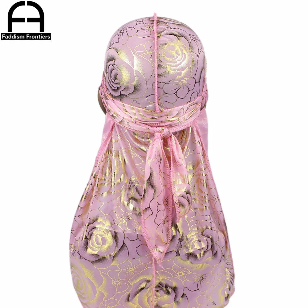Custom Men's Print Silky Durags Turban Hat Bandanas Headwear Rose Printed Men Silk Durag Long Straps Waves Hair Accessories