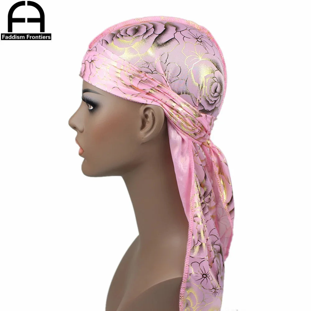Custom Men's Print Silky Durags Turban Hat Bandanas Headwear Rose Printed Men Silk Durag Long Straps Waves Hair Accessories
