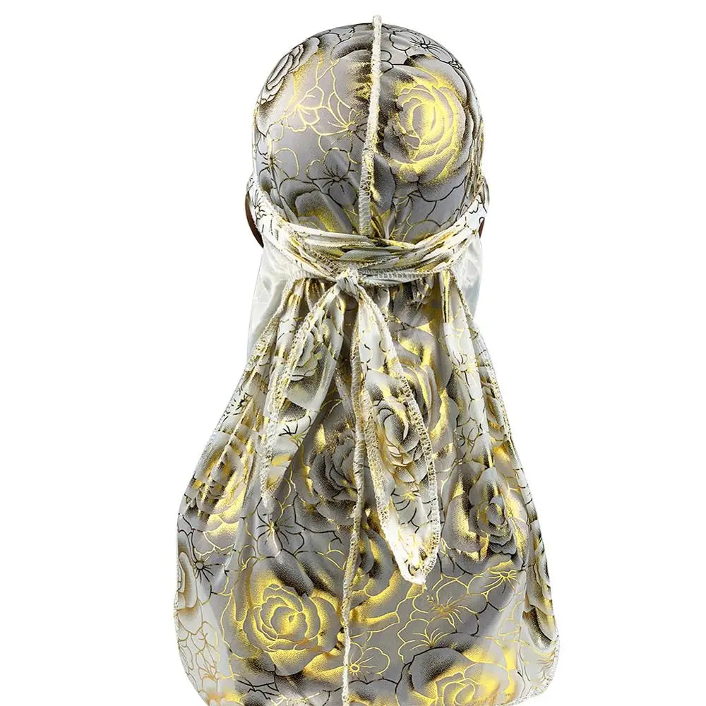 Custom Men's Print Silky Durags Turban Hat Bandanas Headwear Rose Printed Men Silk Durag Long Straps Waves Hair Accessories