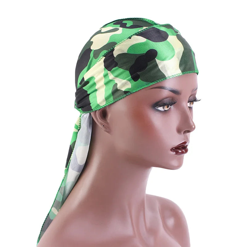 Fashion Camouflage Printed Long Tail Pirate Hat Silky Satin Durags Bandana Men's Silky Durags Turban Hat Adjustable Headwrap