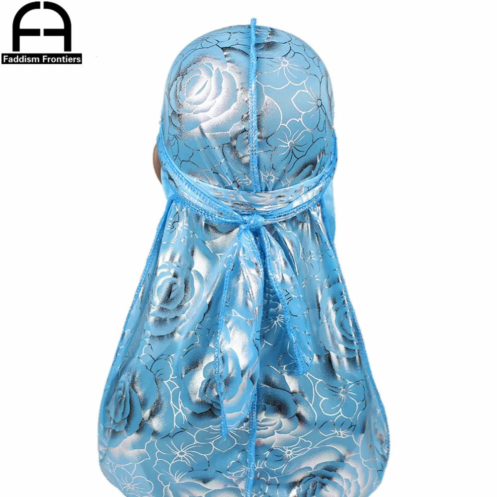 Custom Men's Print Silky Durags Turban Hat Bandanas Headwear Rose Printed Men Silk Durag Long Straps Waves Hair Accessories