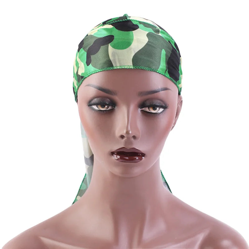 Fashion Camouflage Printed Long Tail Pirate Hat Silky Satin Durags Bandana Men's Silky Durags Turban Hat Adjustable Headwrap