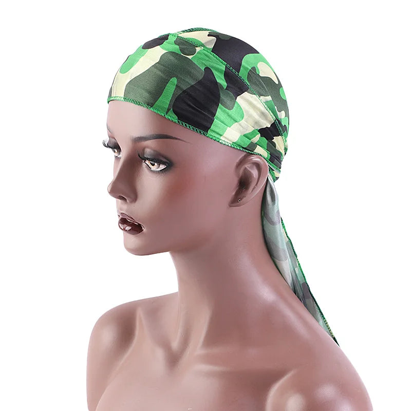 Fashion Camouflage Printed Long Tail Pirate Hat Silky Satin Durags Bandana Men's Silky Durags Turban Hat Adjustable Headwrap