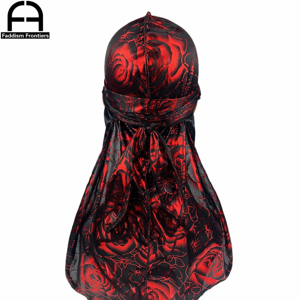 Custom Men's Print Silky Durags Turban Hat Bandanas Headwear Rose Printed Men Silk Durag Long Straps Waves Hair Accessories