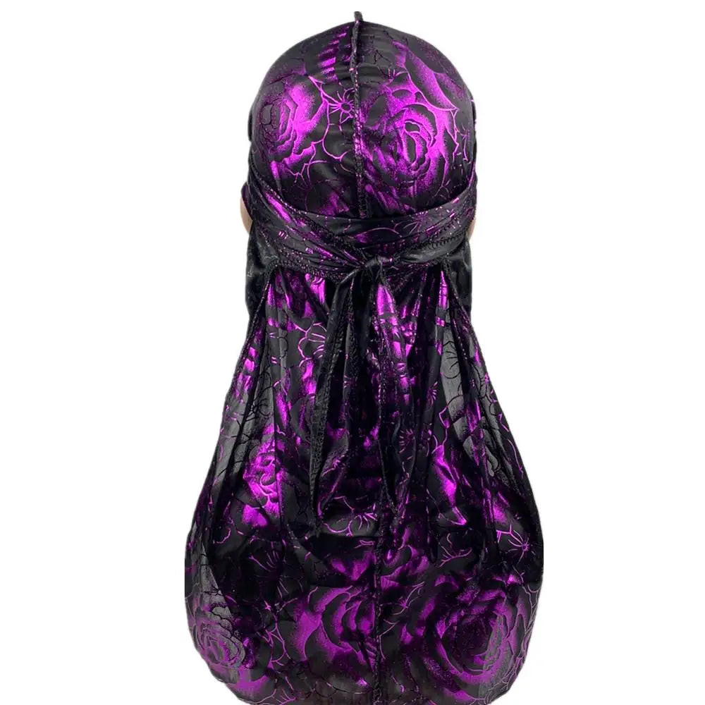 Custom Men's Print Silky Durags Turban Hat Bandanas Headwear Rose Printed Men Silk Durag Long Straps Waves Hair Accessories
