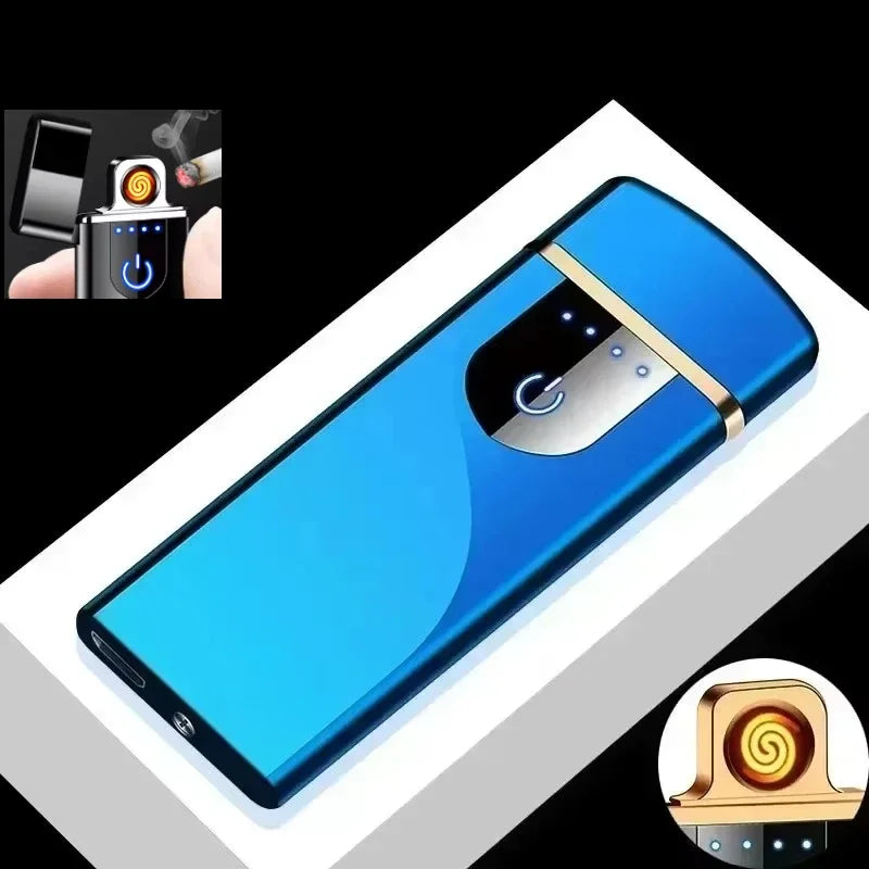 Electric Windproof Metal Lighter Double Arc Flameless Plasma Rechargeable USB Lighter LED Power Display Touch Sensor Lighters