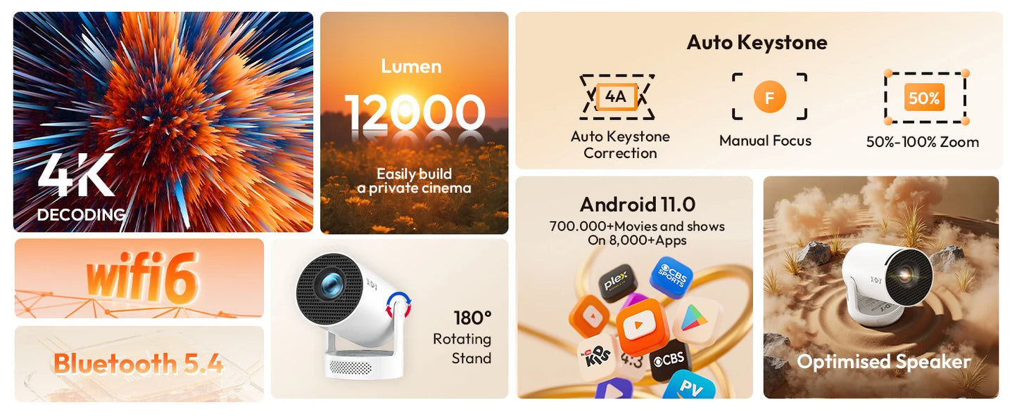 XGODY 4K HY300 Pro+ Projector Built-in 5W Speaker 1280*720P Android 11 12000 Lumens Wifi6 BT5.4 Portable Outdoor Projector