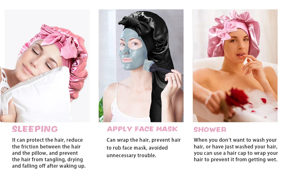 Women Extra Large Hair Long Silk Bonnet Cap & Elastic Satin Hair Band Comfortable Head Cover Night Sleep Hat for Sleeping Shower