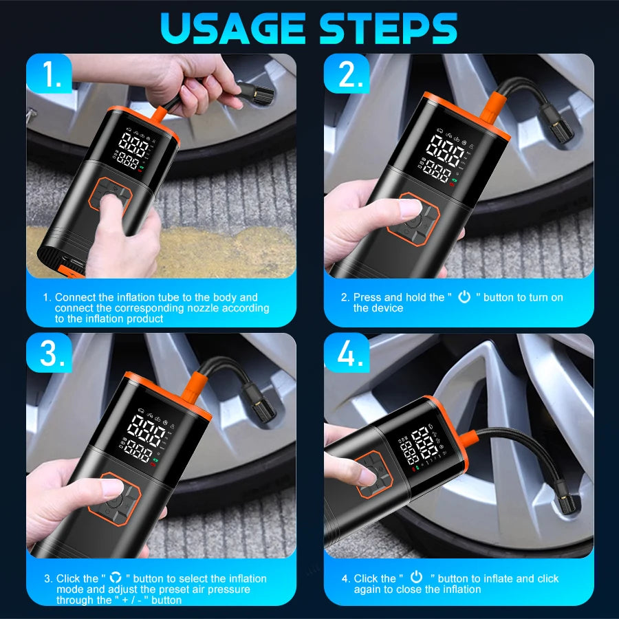 Digital Display Portable Tire Inzzator, USB Rechargeable Air Compressor for Car Bike Motorcycle Tires, Balls, Inflatable Toys
