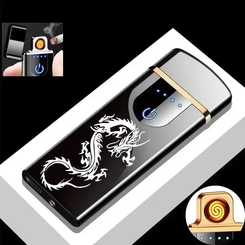 Electric Windproof Metal Lighter Double Arc Flameless Plasma Rechargeable USB Lighter LED Power Display Touch Sensor Lighters