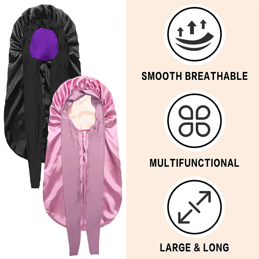 Women Extra Large Hair Long Silk Bonnet Cap & Elastic Satin Hair Band Comfortable Head Cover Night Sleep Hat for Sleeping Shower