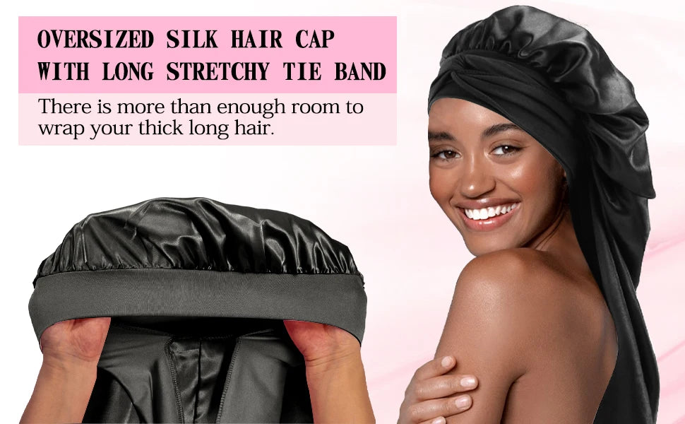 Women Extra Large Hair Long Silk Bonnet Cap & Elastic Satin Hair Band Comfortable Head Cover Night Sleep Hat for Sleeping Shower