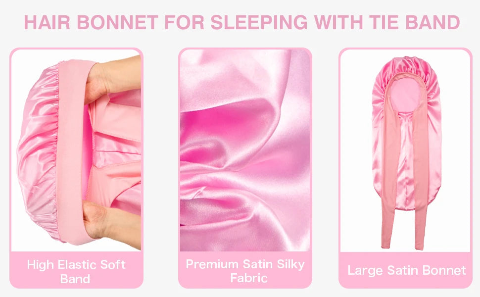 Women Extra Large Hair Long Silk Bonnet Cap & Elastic Satin Hair Band Comfortable Head Cover Night Sleep Hat for Sleeping Shower