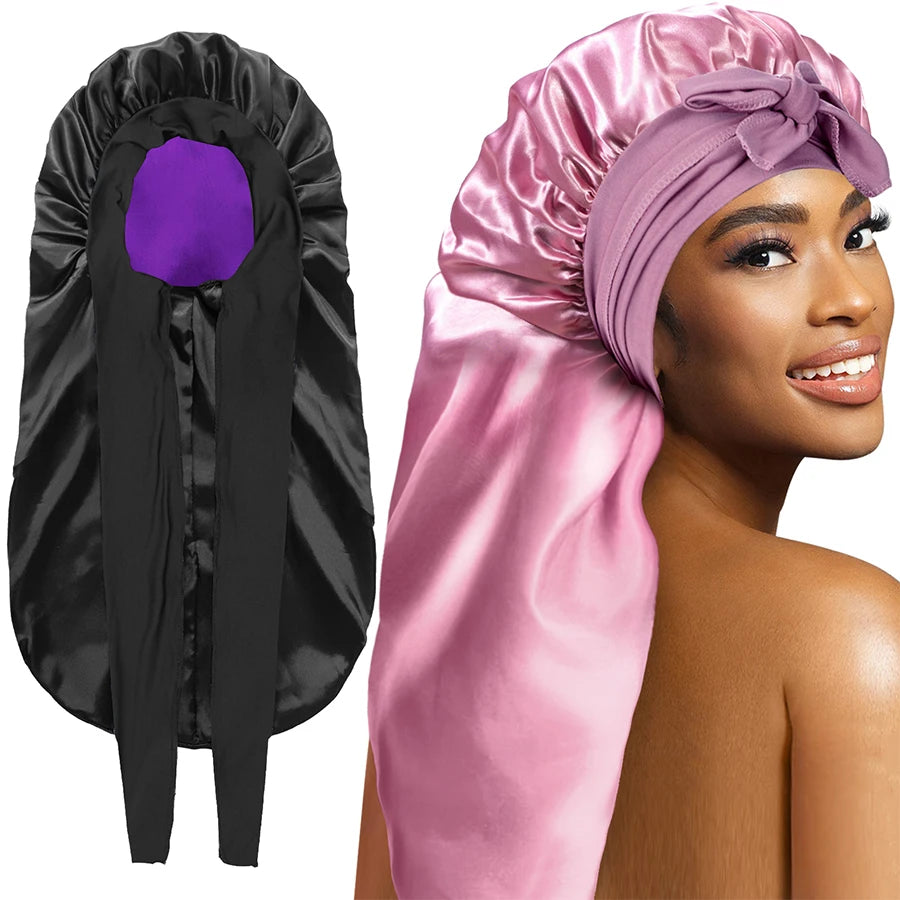Women Extra Large Hair Long Silk Bonnet Cap & Elastic Satin Hair Band Comfortable Head Cover Night Sleep Hat for Sleeping Shower