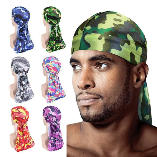 Fashion Camouflage Printed Long Tail Pirate Hat Silky Satin Durags Bandana Men's Silky Durags Turban Hat Adjustable Headwrap