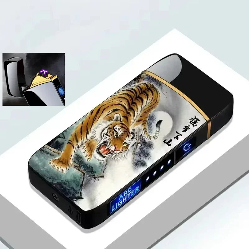 Electric Windproof Metal Lighter Double Arc Flameless Plasma Rechargeable USB Lighter LED Power Display Touch Sensor Lighters