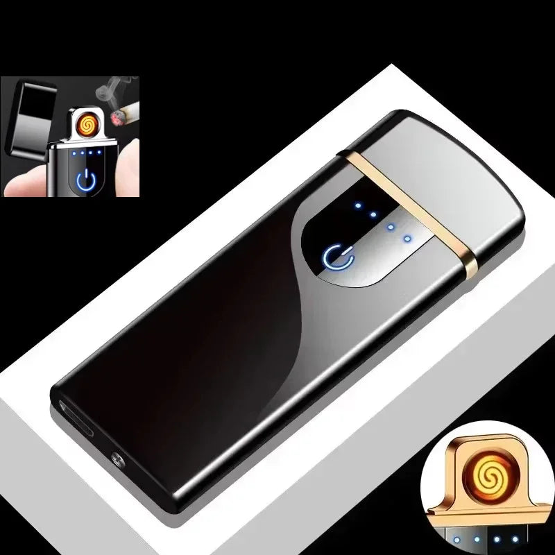Electric Windproof Metal Lighter Double Arc Flameless Plasma Rechargeable USB Lighter LED Power Display Touch Sensor Lighters