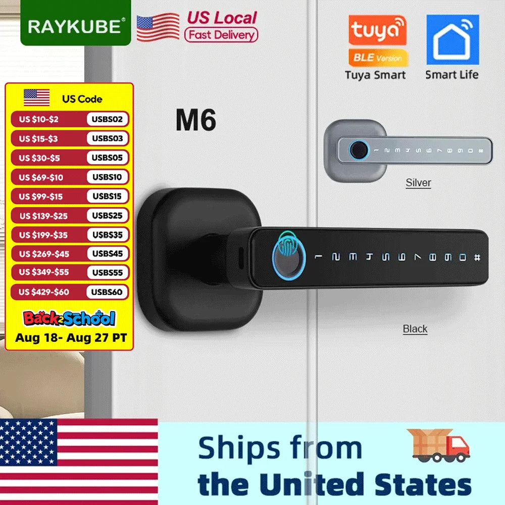 RAYKUBE M6 Tuya BLE Bedroom Digital Electronic Lock Fingerprint Door Lock with Password/Key/IC Card/ Tuya APP Unlock From USA