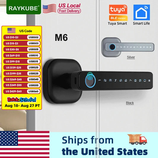 RAYKUBE M6 Tuya BLE Bedroom Digital Electronic Lock Fingerprint Door Lock with Password/Key/IC Card/ Tuya APP Unlock From USA