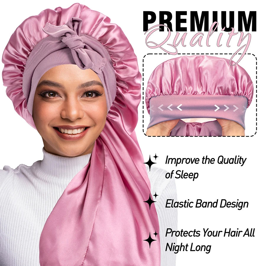 Women Extra Large Hair Long Silk Bonnet Cap & Elastic Satin Hair Band Comfortable Head Cover Night Sleep Hat for Sleeping Shower