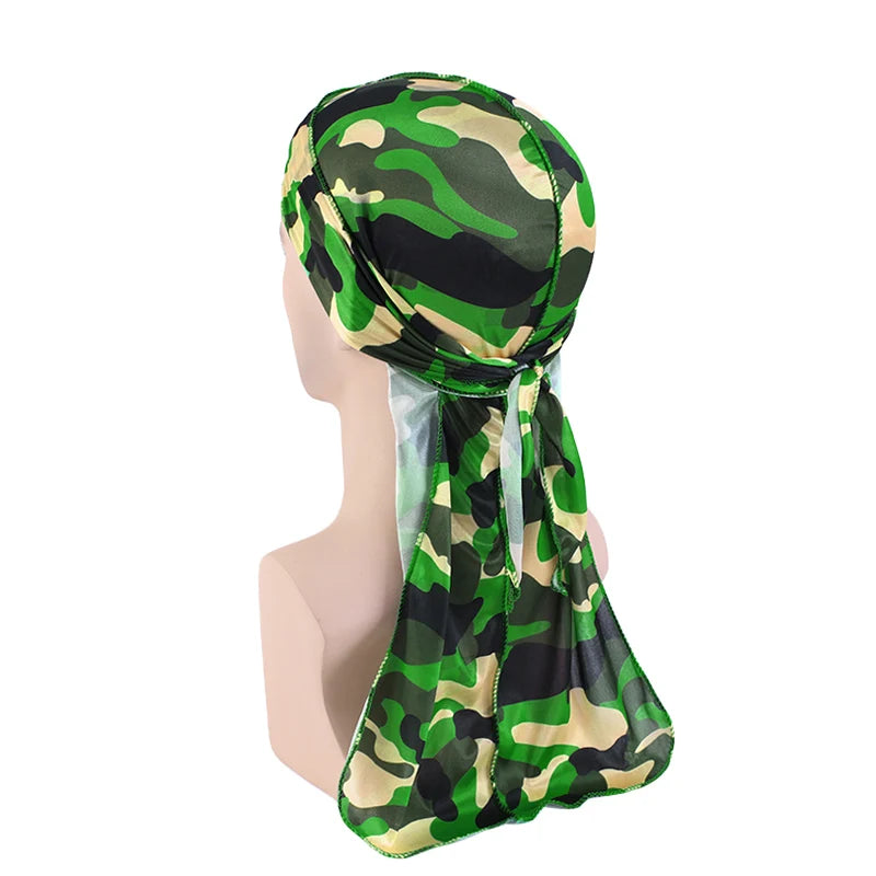 Fashion Camouflage Printed Long Tail Pirate Hat Silky Satin Durags Bandana Men's Silky Durags Turban Hat Adjustable Headwrap