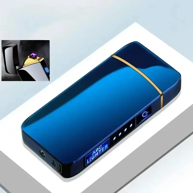 Electric Windproof Metal Lighter Double Arc Flameless Plasma Rechargeable USB Lighter LED Power Display Touch Sensor Lighters