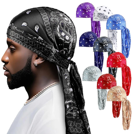 Amoeba Print Silky Durag Bandanas Long Tail Pirate Turban Cap Cashew Flower Durag Turban Outdoor Cycling Riding Street Hat Hijab