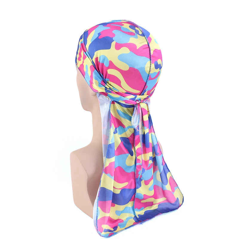 Fashion Camouflage Printed Long Tail Pirate Hat Silky Satin Durags Bandana Men's Silky Durags Turban Hat Adjustable Headwrap