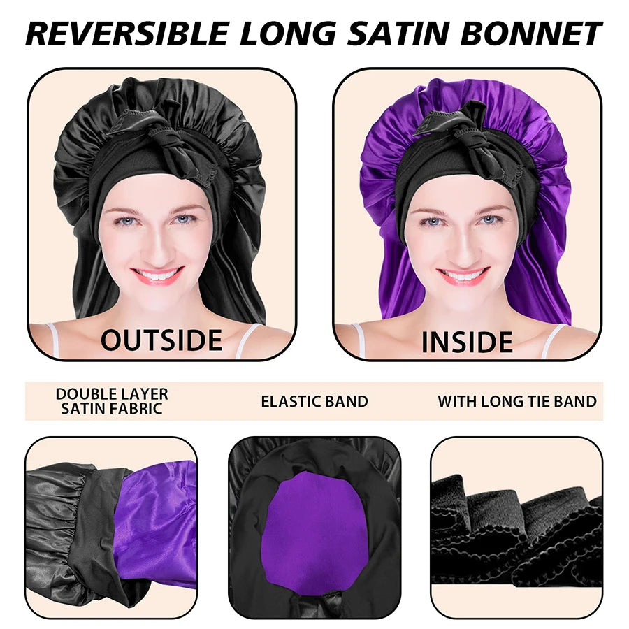 Women Extra Large Hair Long Silk Bonnet Cap & Elastic Satin Hair Band Comfortable Head Cover Night Sleep Hat for Sleeping Shower