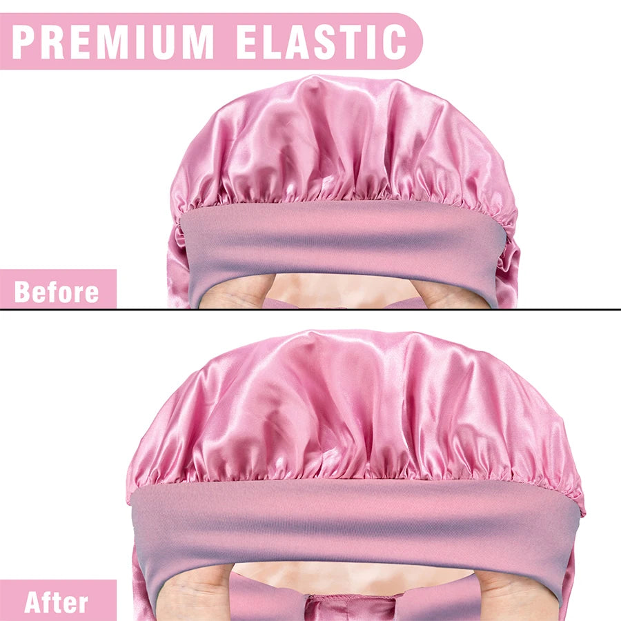 Women Extra Large Hair Long Silk Bonnet Cap & Elastic Satin Hair Band Comfortable Head Cover Night Sleep Hat for Sleeping Shower