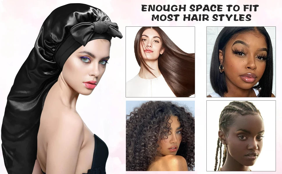 Women Extra Large Hair Long Silk Bonnet Cap & Elastic Satin Hair Band Comfortable Head Cover Night Sleep Hat for Sleeping Shower