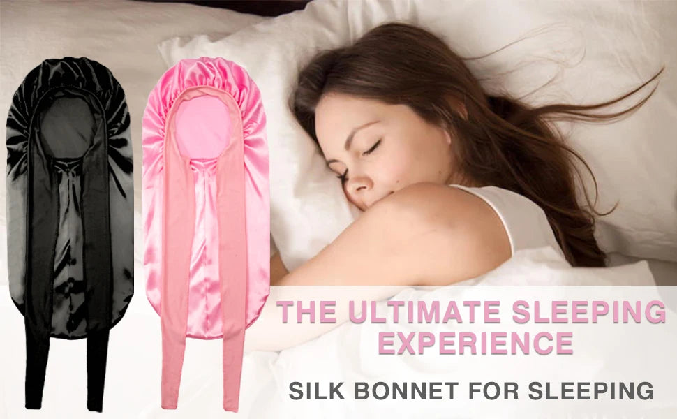 Women Extra Large Hair Long Silk Bonnet Cap & Elastic Satin Hair Band Comfortable Head Cover Night Sleep Hat for Sleeping Shower