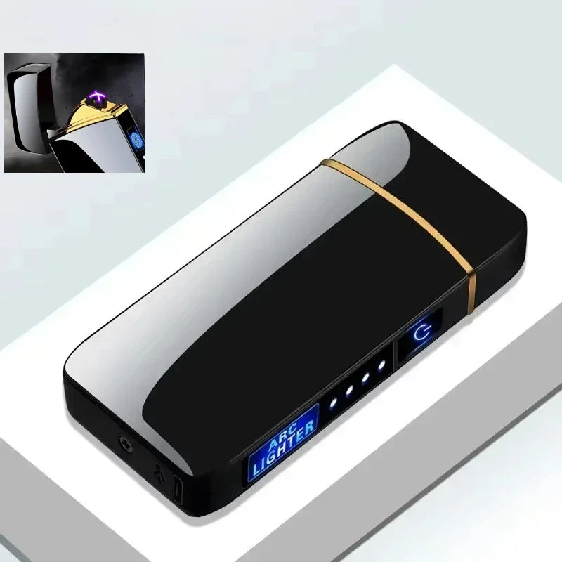 Electric Windproof Metal Lighter Double Arc Flameless Plasma Rechargeable USB Lighter LED Power Display Touch Sensor Lighters